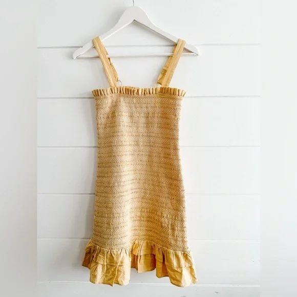 Linen Smocked Knee Length Dress - Yellow/ White Size: Estimate XS/S - Picture 1 of 14